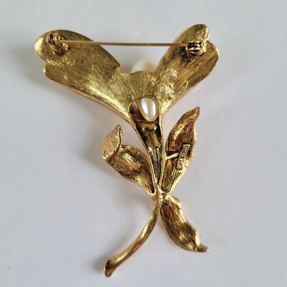 Vintage M Jent Brooch Women's Faux Pearl Textural Gold Tone Floral Signed - Picture 4 of 8